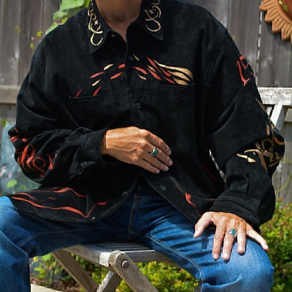 Vintage black suede, over-sized shirt coat distressed vibe, hand painted, wings